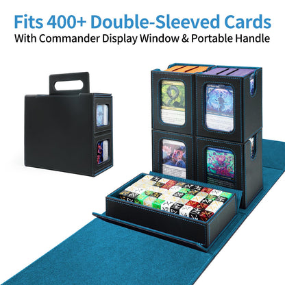 AFIING Commander Deck Box for MTG, Holds 400+ Double-Sleeved Cards, 4 Removable Deck Cases with Display Window, Dice Tray/Handle,Trading Card Storage Organizer/Dividers for TCG (Black Cyan)
