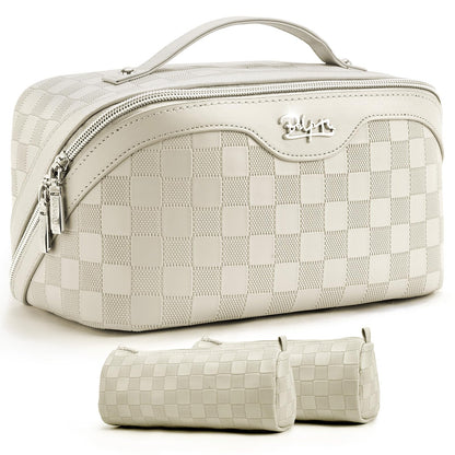 BOYATU Travel Makeup Bag Organizer: 3 Pcs Set Large Capacity Cosmetic Bags Holds 10–20 100ml Full-Size Bottles - 180°Open-Flat Make up Case 3-sec touch-up - Toiletry Bag Gift women (01-D-Beige)