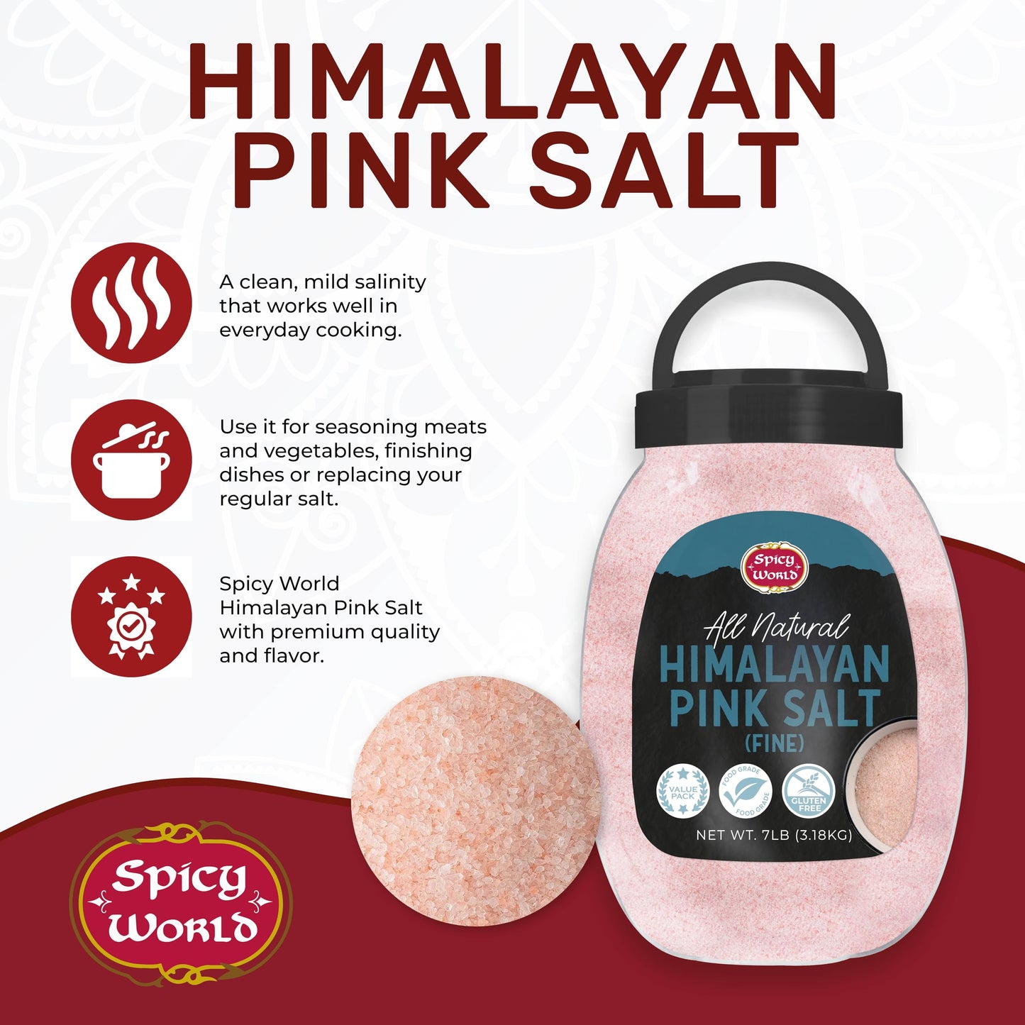 Himalayan Pink Salt Fine Grain 7 LB Jar - Pure & Natural, Mineral-Rich, For Cooking, Seasoning, Baking, Table Use - By Spicy World