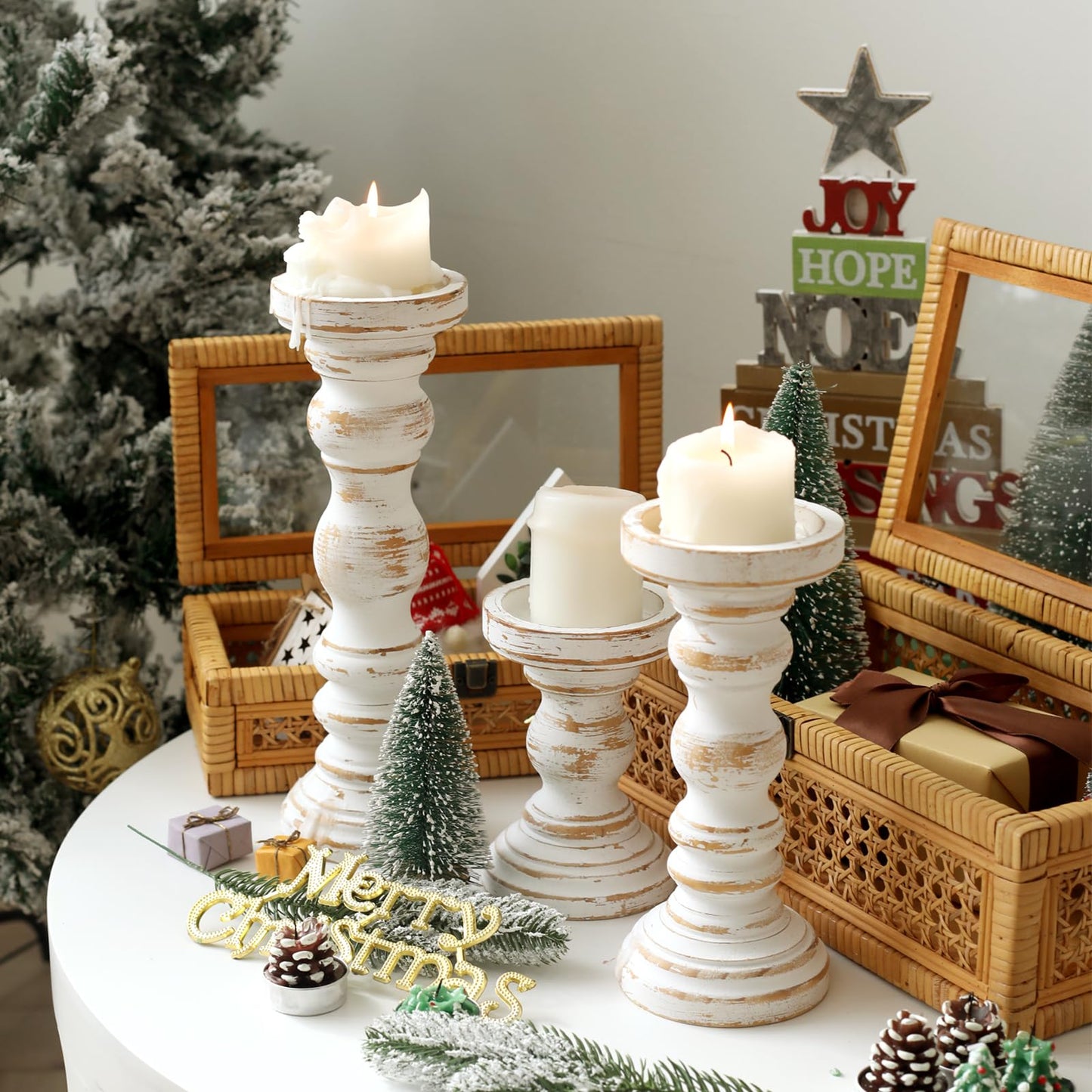 SWALLOWLIVING Rustic Farmhouse Wood Pillar Candle Holder Set of 3 for Candlestick, White