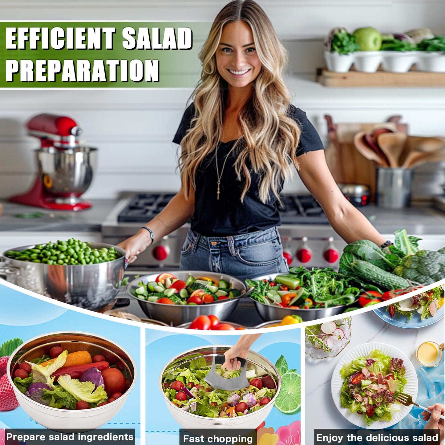 ZMCYNG Salad Chopper Bowl - Stainless Steel Salad Chopping Bowl, Sala d Chopper Bowl and Cutter with Lid, Chef Grade Salad- Chopper Blade and Bowl, Mezzaluna Mincing Knife, Super-fast Sala d Prep