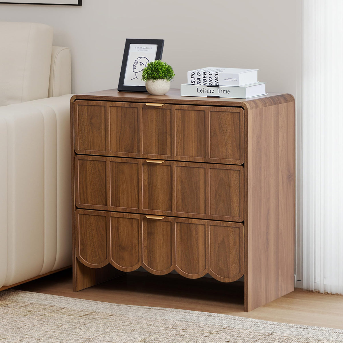 ORRD 3 Drawer Dresser for Bedroom, Modern Closet Chest of Drawers with Wave Fluted Drawer, Wood Storage Small Dresser Organizer for Nursery Bedroom Living Room Hallway Closet (Walnut)