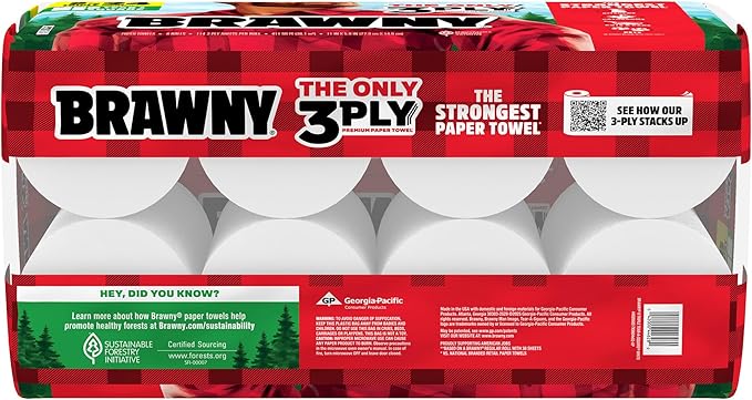 Brawny Tear-A-Square 3-Ply Paper Towels, 8 Triple Rolls = 24 Regular Rolls