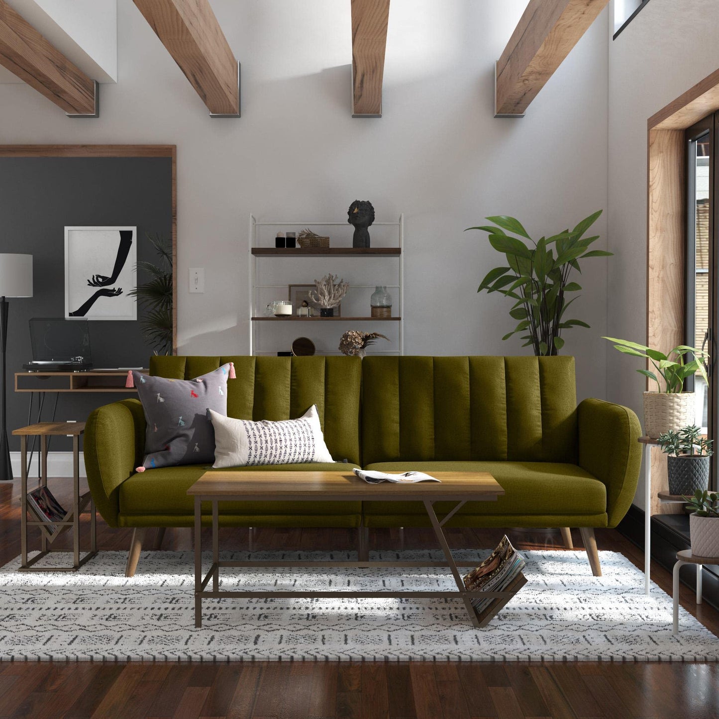 Novogratz Brittany 82 Inch Futon Sofa Bed in Faux Leather, Upholstered Couch Sleeper with Tufted Back, Mid-Century Modern Design, Green