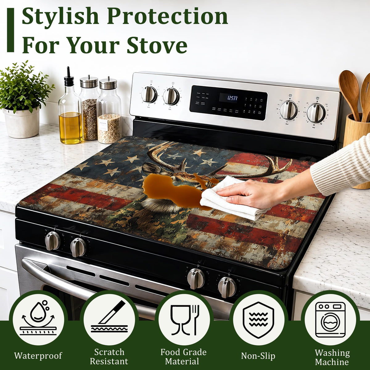 American Flag Electric Stove Top Cover Protector,Grunge Deer Glass Flat Top Stove Mat,Heat-Resistant Oven Induction Cooktop Mat for Ceramic Countertop Mats Dish Drying Mat
