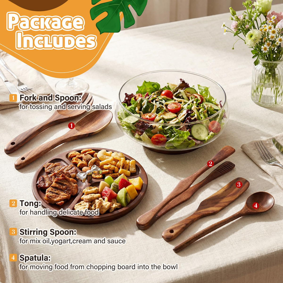 Hushee Large Glass Salad Bowl Set, Party Salad Bowl with Wood Base and Lid as Cheese Charcuterie Board and Plate, Comes with 5 Pieces of Elegant Wood Serving Utensils