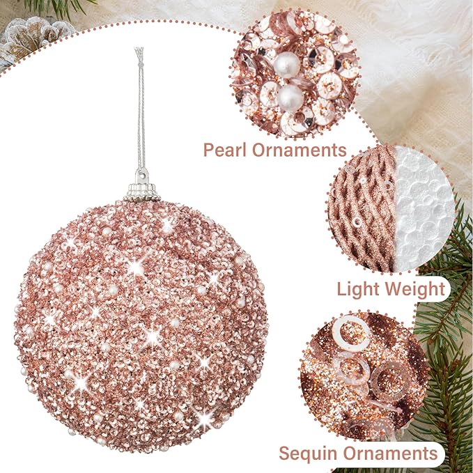 6pcs 3.94" Christmas Ball Ornaments Glitter Shatterproof Christmas Tree Ornaments Sequin Xmas Hanging Balls Decorations for Wedding Party Holiday(Rose Gold, 6pc-10cm)