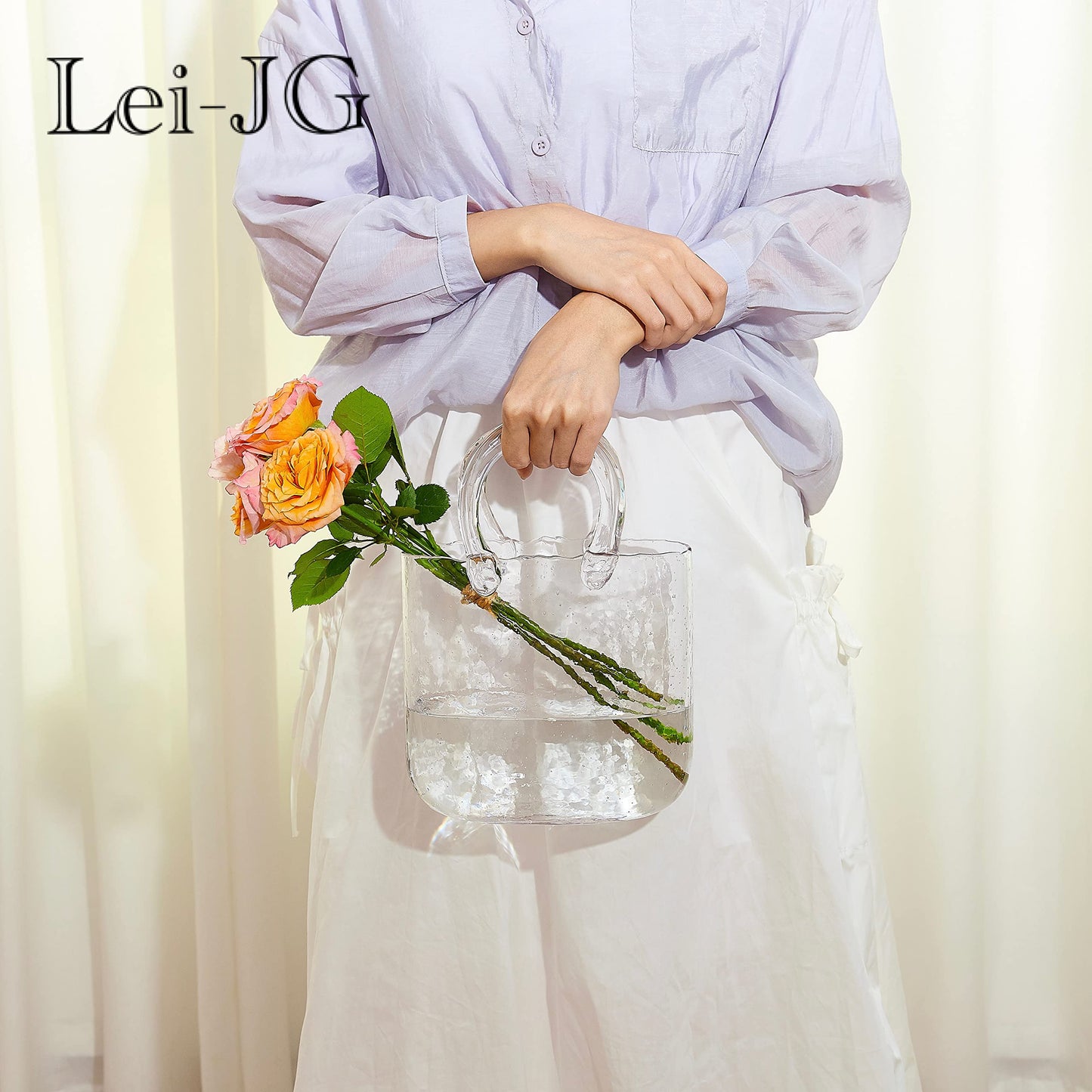 Lei-JG Thickened Glass Purse Vase for Flowers Gift Set-(Handmade 5mm Crystal-Unique Cute Clear Bag Vase with Reinforced Gift Box, Premium Table Centerpiece for Wedding/Mothers Day (Transparent