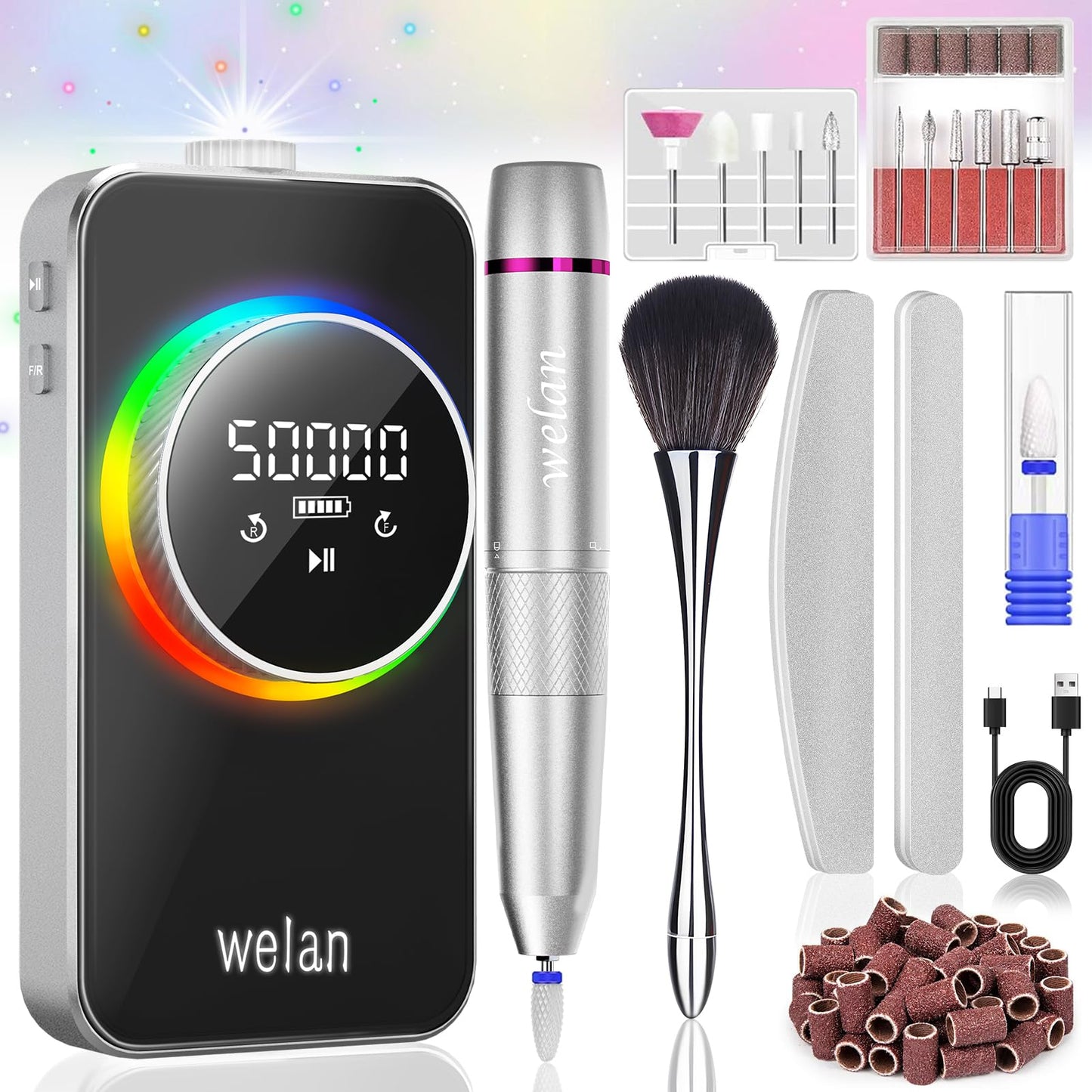 Electric Nail Drill Professional, 50000RPM Electric Nail File Portable Nail Drill Kit 6000mAh Rechargeable Machine for Acrylic Gel Nail, Manicure Pedicure Polishing Nail for Salon Home Purple