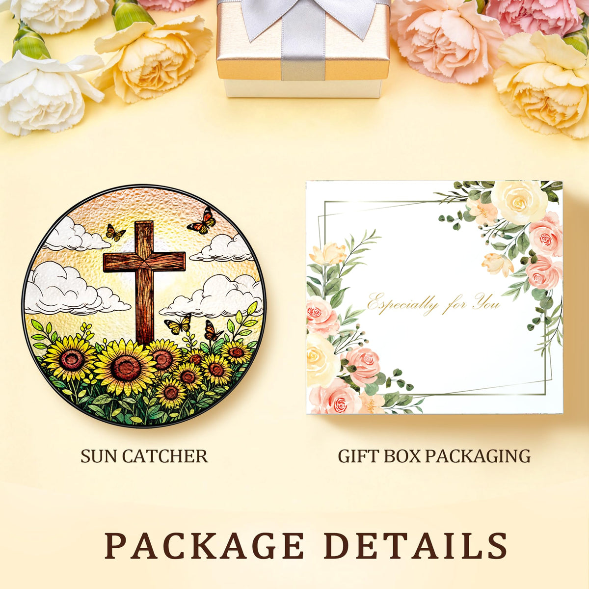 8 Inch Stained Glass Cross Suncatcher with Sunflower & Butterfly Christian Gifts for Women Religious Window Hanging Decor Unique Catholic Easter Birthday Gifts for Mom Grandma (Brown, Medium)
