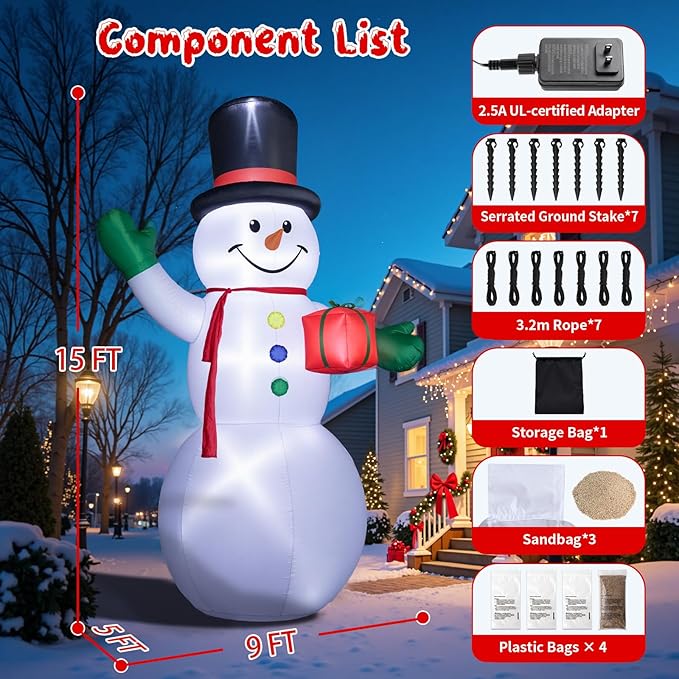 Dawdix 15FT Christmas Decor Inflatable Snowman, Blow Up Yard Decor Snowman with LED Lights & Magic Hat, Winter Outside Decorations for Yard Garden Patio Lawn Holiday Xmas Party Garden, for Him, Her