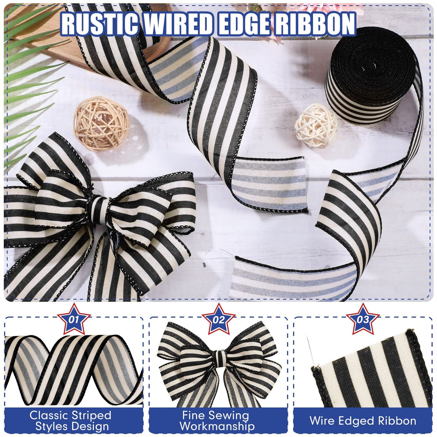 Moukeren 2 Rolls Black and Cream White Stripe Wired Edge Ribbon Halloween Rustic Ivory Boho Black and White Ribbon for Christmas Party Gift Wrapping Bow DIY Craft Home Decor(2 Inch, 20 Yard)