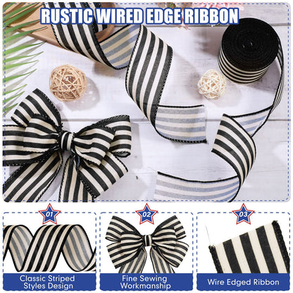 Moukeren 2 Rolls Black and Cream White Stripe Wired Edge Ribbon Halloween Rustic Ivory Boho Black and White Ribbon for Christmas Party Gift Wrapping Bow DIY Craft Home Decor(2 Inch, 20 Yard)