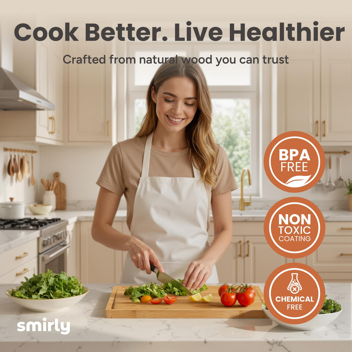 SMIRLY Bamboo Cutting Boards for Kitchen - Wood Cutting Board with Handle and Juice Groove - Wooden Chopping Board Set of 3 with Holder