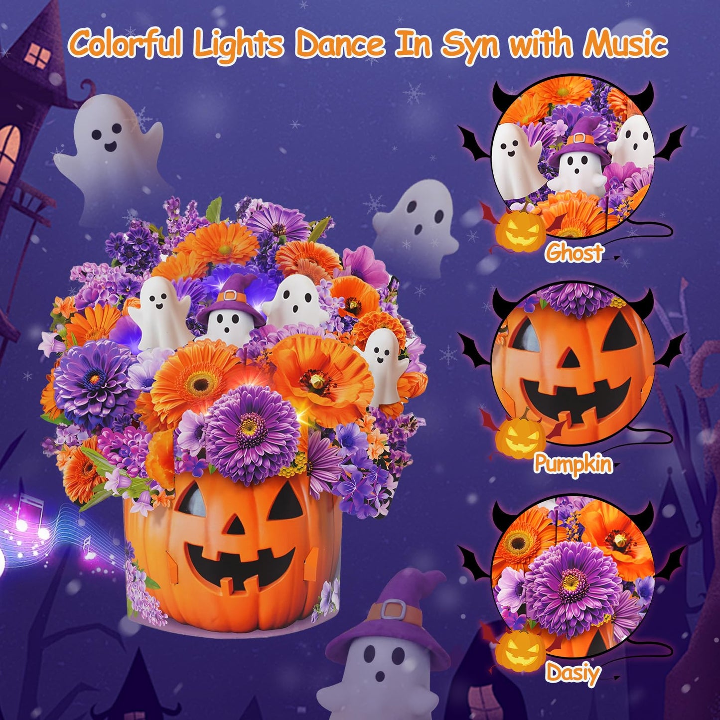 MZD8391 Halloween Cards with Music & Lights, Pop Up Halloween Decorations, Ghost & Dasiy, 10 Inch Life Sized Forever Flower Bouquet Gifts for Wife Mom Grandma Women Daughter