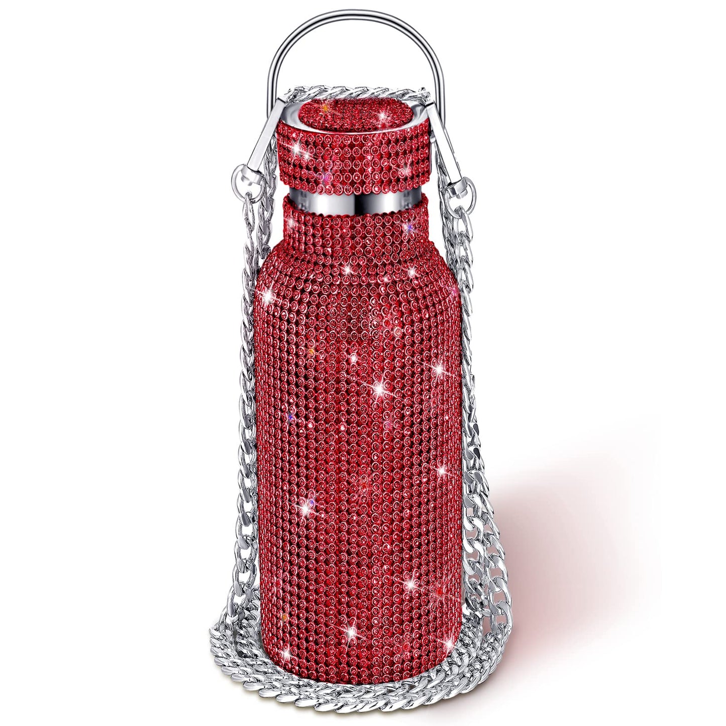 Geiserailie Diamond Water Bottle Bling Rhinestone Stainless Steel Thermal Bottle Refillable Insulated Glitter Water Jug with Chain for Women Girls Gifts(750 ml,Red)