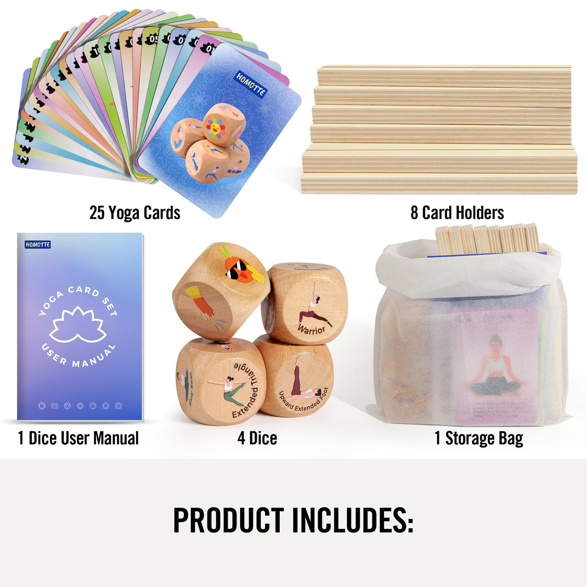 Homotte Yoga Cards and Wooden Yoga Dice Set for Beginners, Kids Yoga Accessories Pose Workout Kit with 4 Dice, 8 Card Holder, Gift for Women