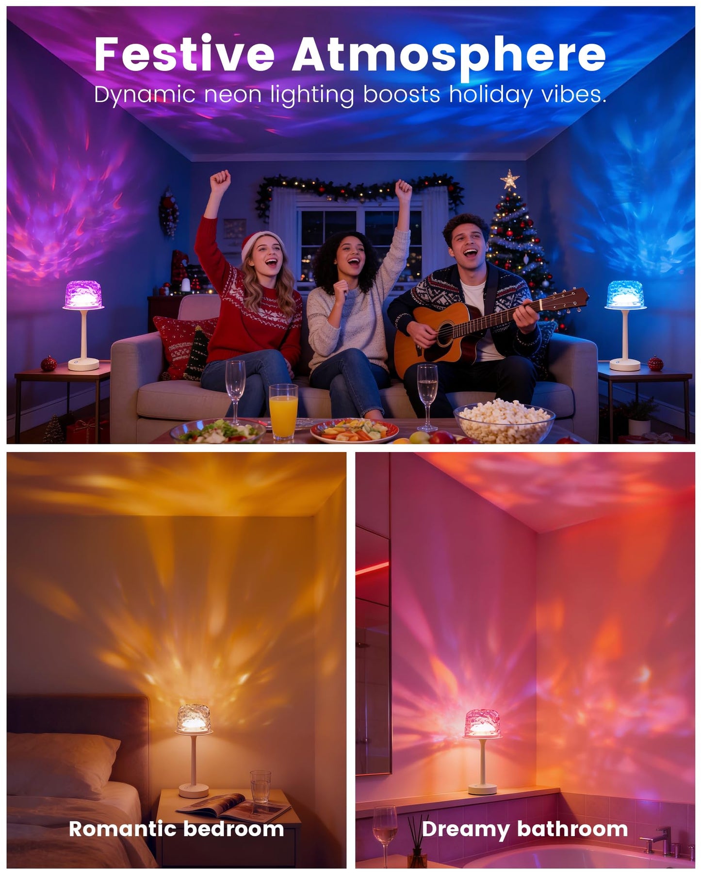 Waterproof Bathroom Shower Lamp with Ocean Wave Projector, 2-in-1 Table Night Light, 16 RGB Colors, 3 White Modes, 5000mAh Rechargeable USB-C Lamp with Touch & Remote for Spa Shower, Bedroom, Gifts