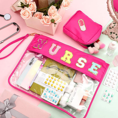 Hillban 2 Pcs Nurse Week Gift Makeup Cosmetic Bag Nurse Appreciation Gift for Women Clear Chenille Letter Bag Toiletry Zipper Pouch Waterproof Travel Purse Survival Kit Medical Accessories