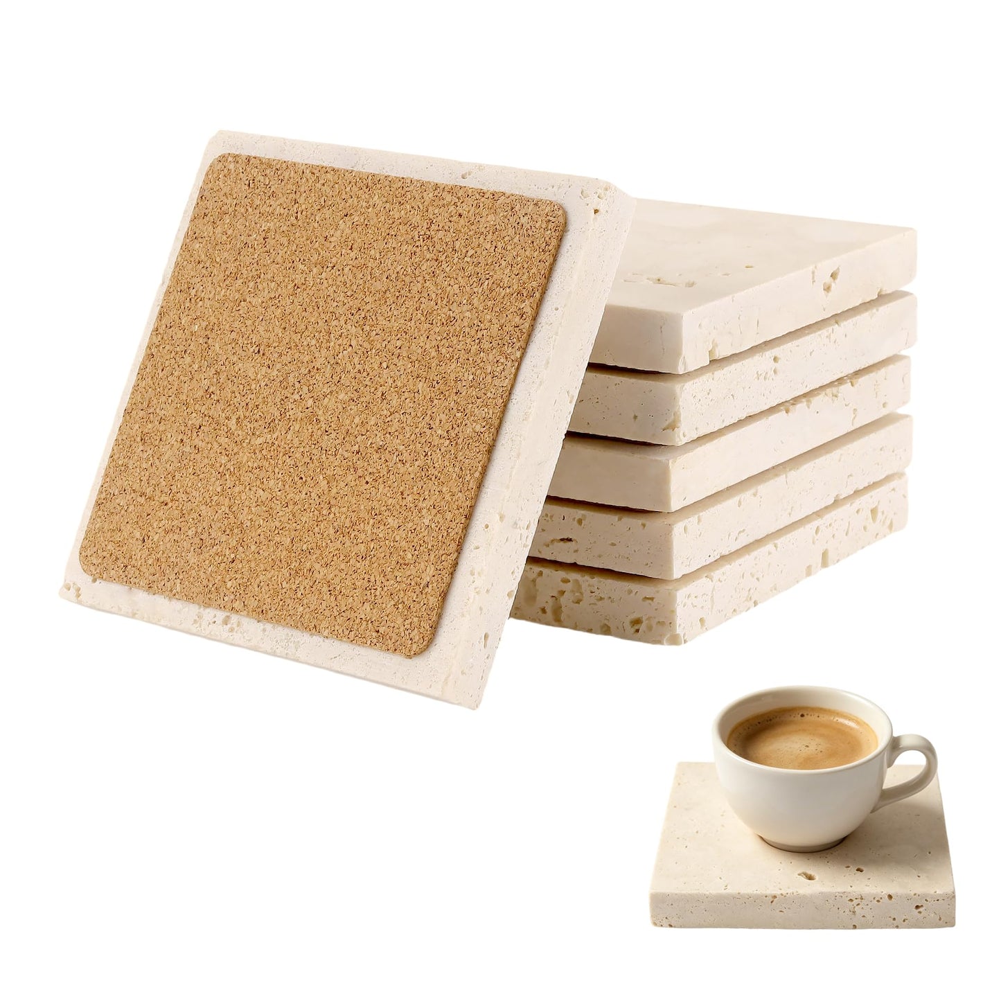 YAUFWUA 6 Pack 4 Inch Square Travertine Coaster, Absorbent Marble Coaster with Cork Pad Travertine Drink Coasters Stone Coasters for Home Decor, Coffee Tabletop