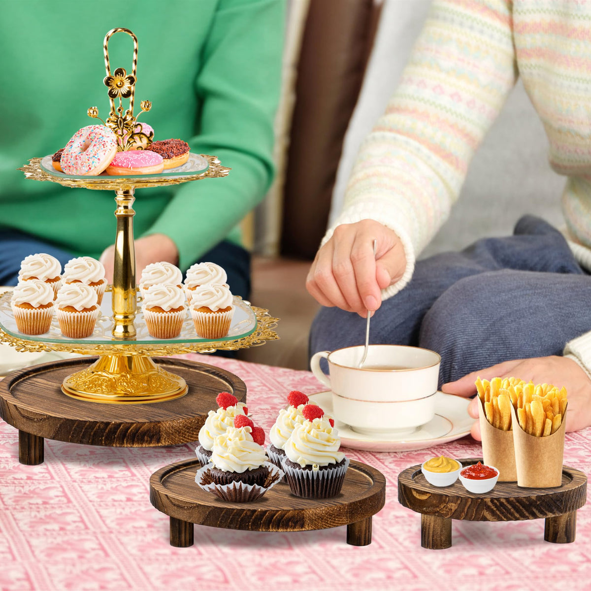 HAOPENGYOU 6PCS Wooden Risers for Display Wood Cake Stand for Party Round Food Risers for Buffet Wooden Holder Rustic Riser for Decor Tiered Tray Decor Home Kitchen (Rustic, 6 PCS (8”, 6”, 5”))