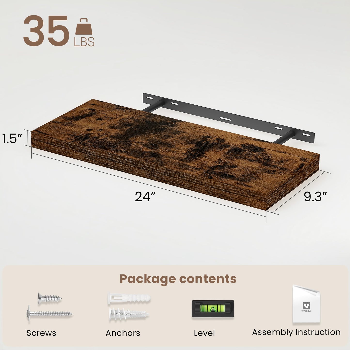 Vivelove Floating Shelves for Wall Mounted, 24 Inch Bathroom Shelves, Display Shelf for Living Room Kitchen Bedroom Office Farmhouse Home Decor, 24" X 9.3" X 1.5" - Set of 2, Rustic Brown