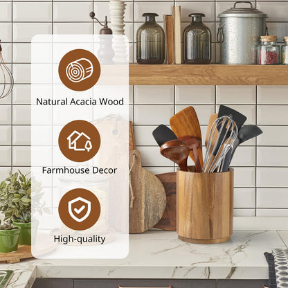Bivvclaz Acacia Wood Utensil Holder, 360°Rotating 7.2" Utensil Holder for Kitchen Counter, Large Kitchen Utensil Holder, Cooking Utensil Crock for Countertop, Farmhouse Kitchen Decor and Accessories