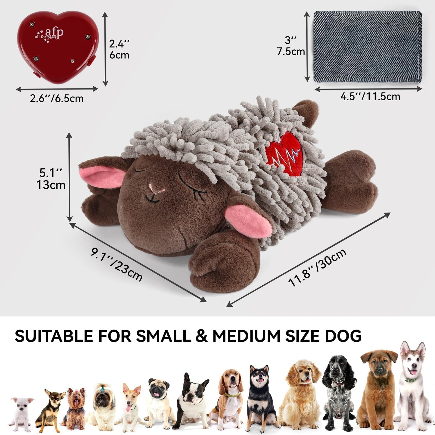 ALL FOR PAWS Heartbeat Dog Toy, Puppy Sleeping Buddy Cuddle Toy, Dog Soothing Plush Toy with Warm Bag, Crate Training Puppy Stuffed Animal Gift Toys, Heartbeat Box with USB Charging