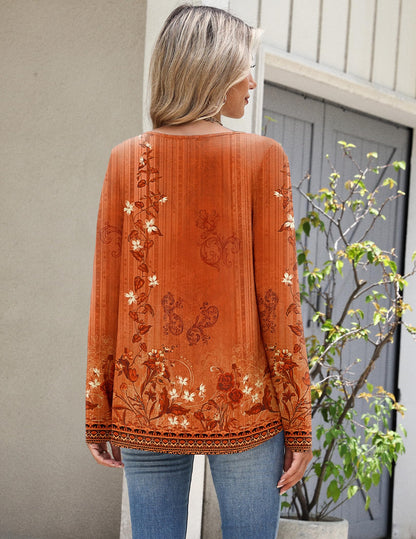 Zeagoo Boho Tops for Women Thanksgiving Long Sleeve Shirts V Neck Fall Casual Blouses Floral Printed Plus Size Tshirt XL