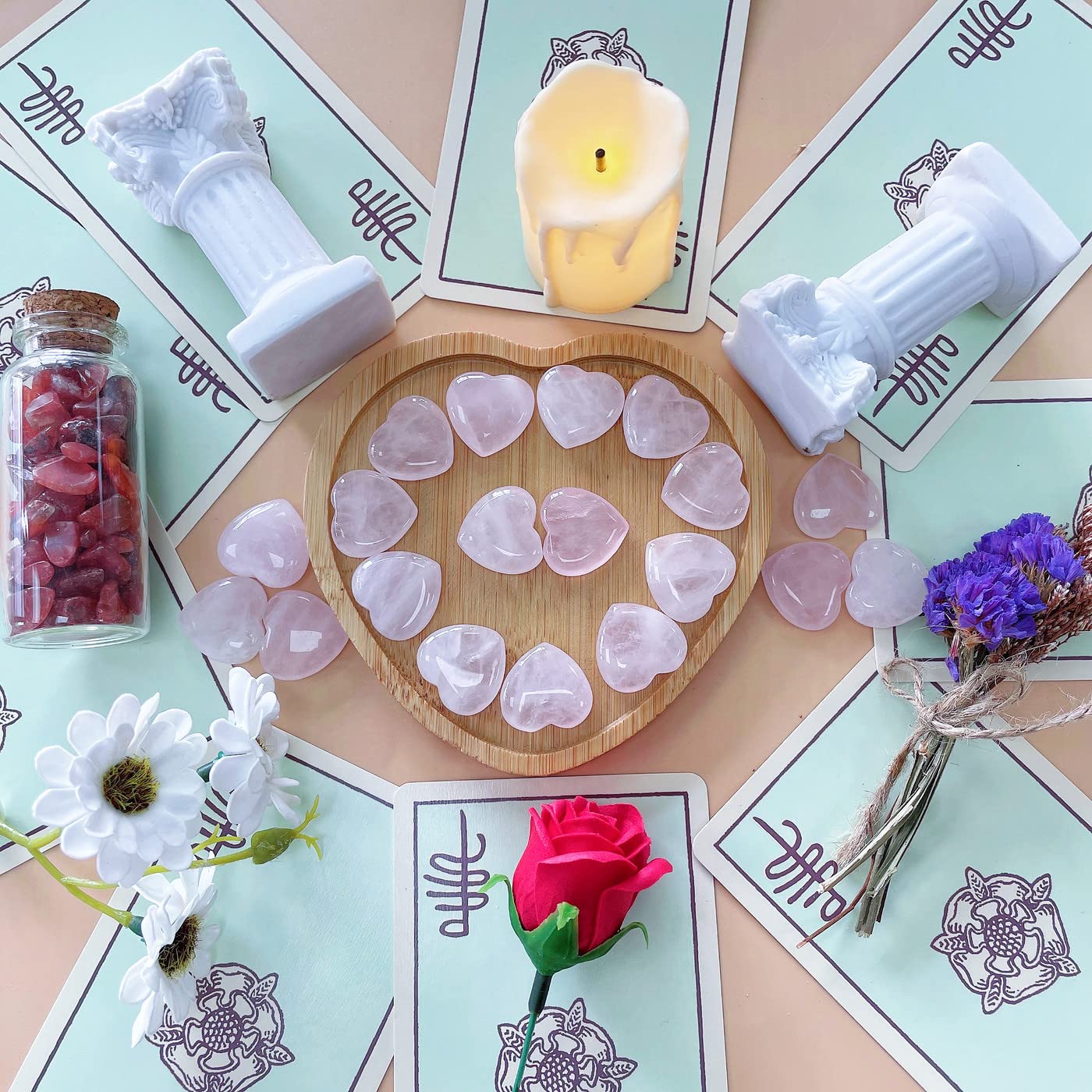 QINJIEJIE 20PCS Rose Quartz Thick Heart Crystals Stones Love Shaped Gemstones Pocket Palm Crystal Bulk Gifts Polished Thumb Stones Set Worry Stone Reiki Energy Balancing Meditation Stocking Stuffers Gift Bulk