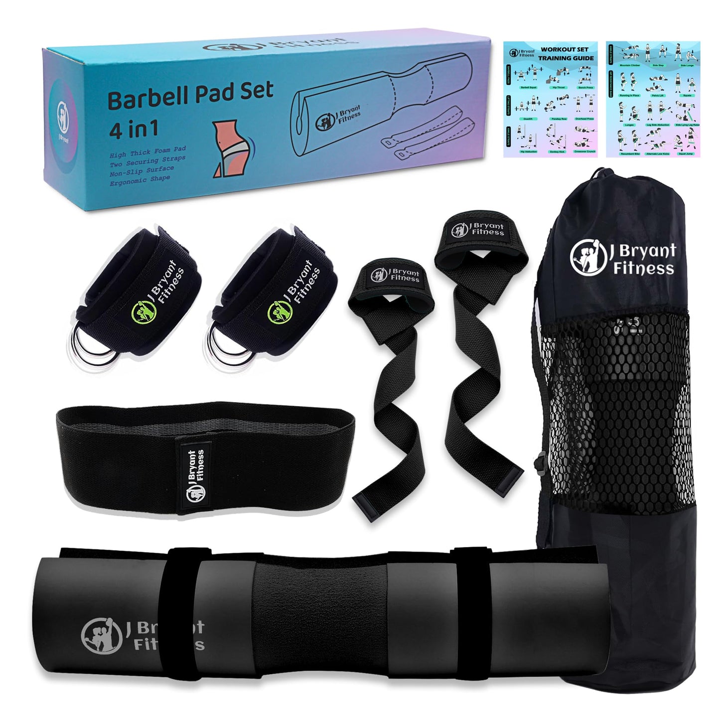 J Bryant Barbell Pad Set with 2 Ankle Straps for Cable Machines Hip Resistance Band Weight Lifting Straps Thick Cushion Hip-Thrusts Pad with Carry Bag for Squats Bench Press Workout