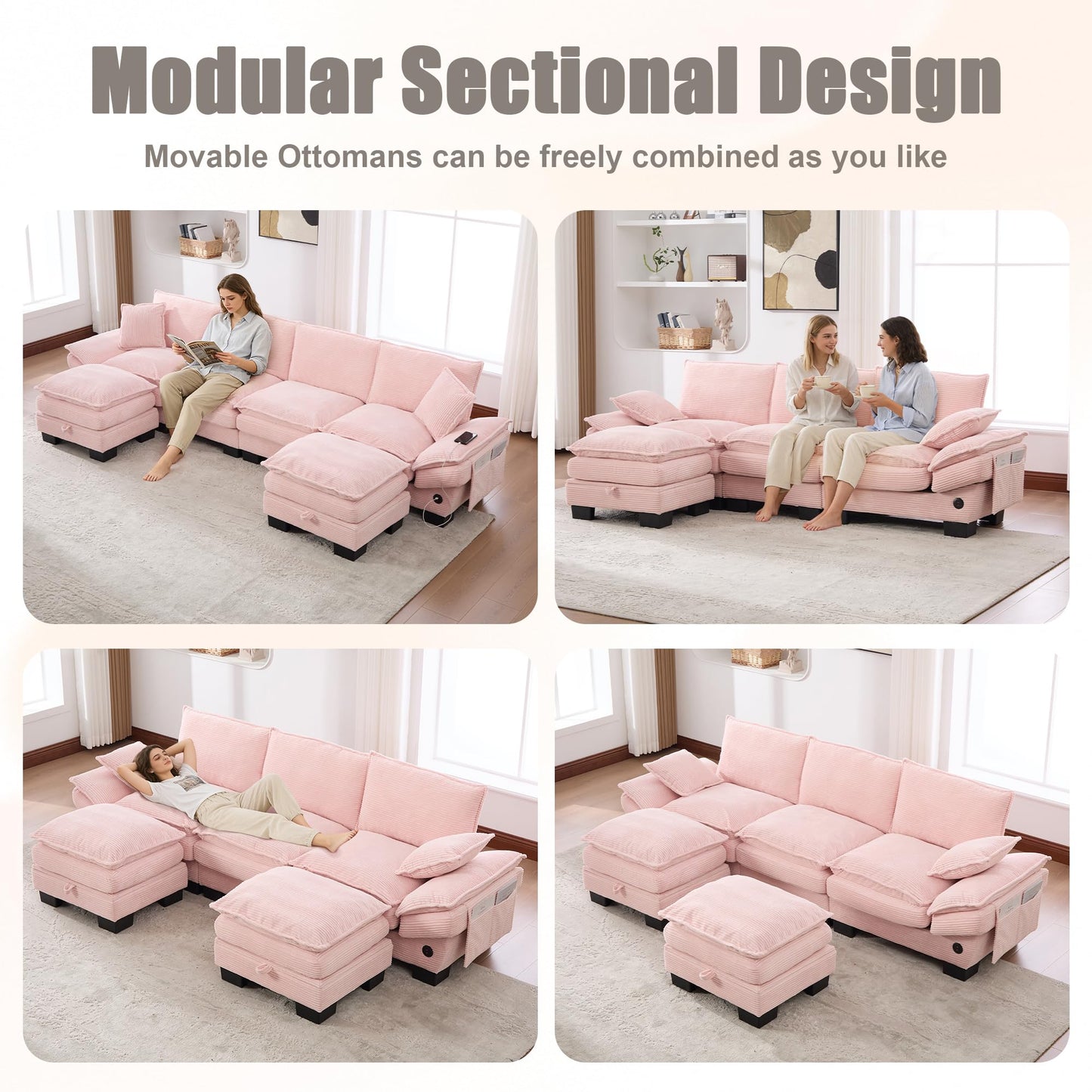 130" Oversized Modular Cloud Sectional Sofa Convertible U/L Shaped Couch Sets for Living Room - 6 Seater Corduroy Cloud Cushion Couches with Storage Ottomans and Pillow Armrest