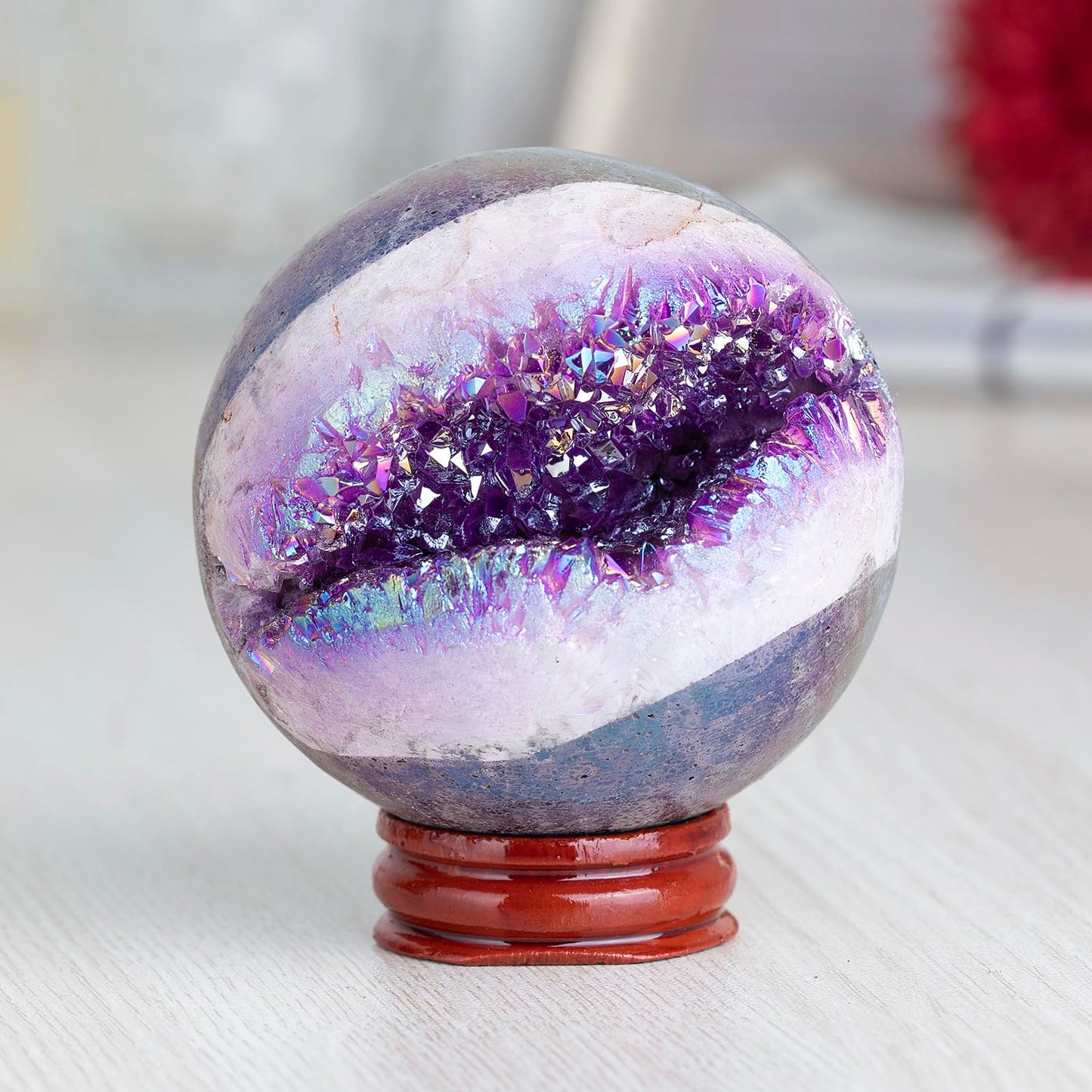 SUNYIK 61-70mm Purple Titanium Coated Quartz Geode Ball Sphere with Stand Crystal Opening Cornucopia Orb Ball Cluster Specimen Display for Decor Feng Shui Meditation
