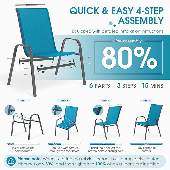 Outdoor Stackable Chairs Set of 8, Stacking Patio Chairs with Textilene Fabric, Outside Furniture for Garden Backyard Balconie Poolside Deck, Blue