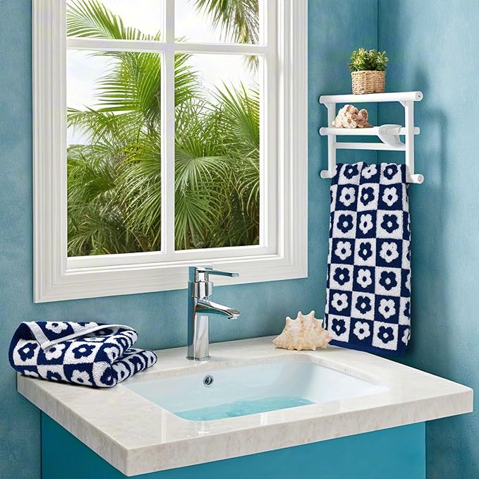 Jacquotha Cotton Hand Towels Navy Checkered Floral