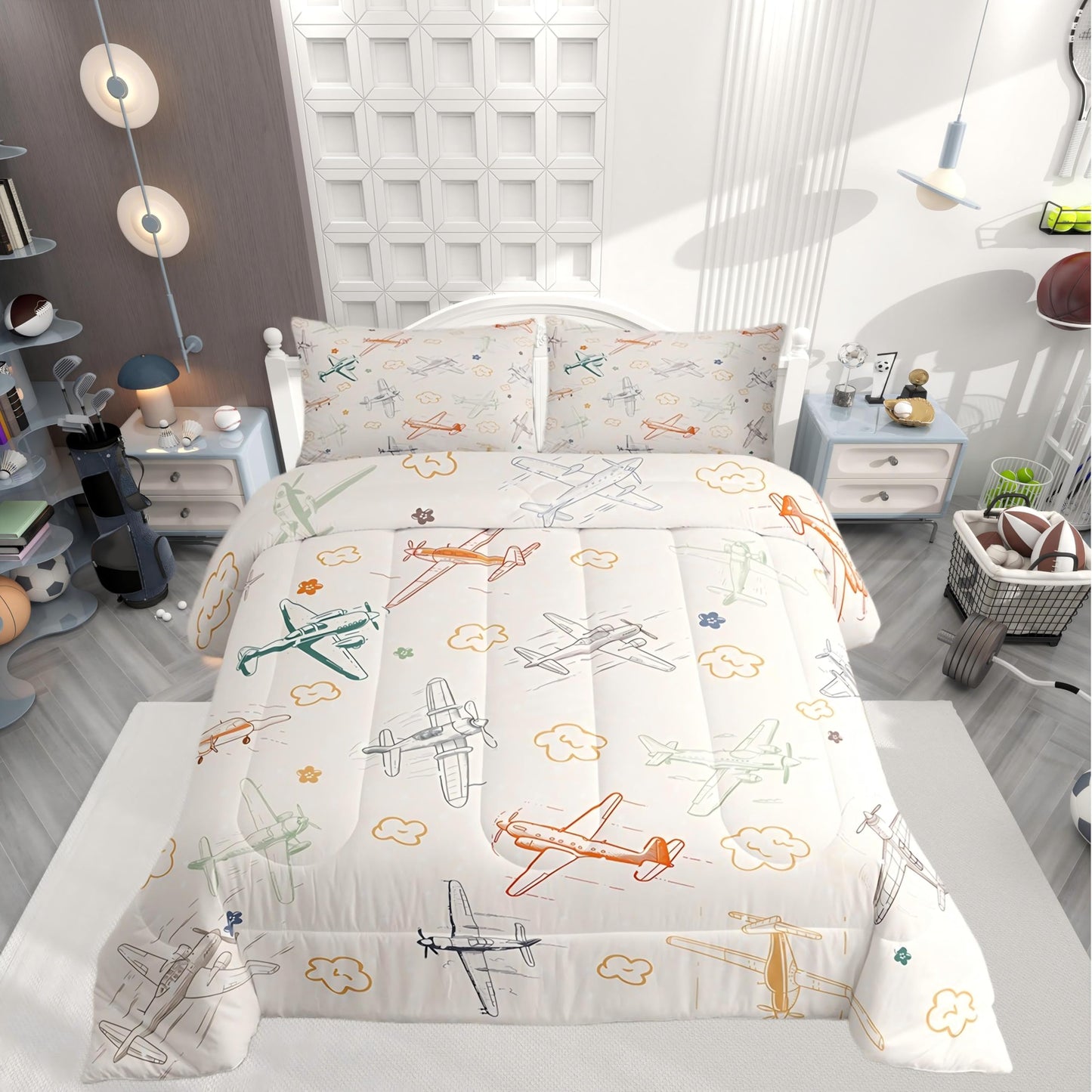 Castle Fairy Aircraft Bedding Set Kids Airplane Print Comforter Boys Girls Decor Aircraft Flying Theme Blanket Microfiber Sketch Style Khaki Yellow Duvet Set Bedroom Twin Size with 1 Pillow Case