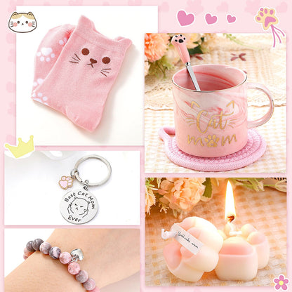 Didaey 12 Pcs Mother's Day Cat Lover Gifts for Mom Women Cute Blanket Socks Coffee Mug Cosmetic Bag Keychain Bracelet Cards Scrunchie Cats Themed Gift Set for Birthday Mom Ideas