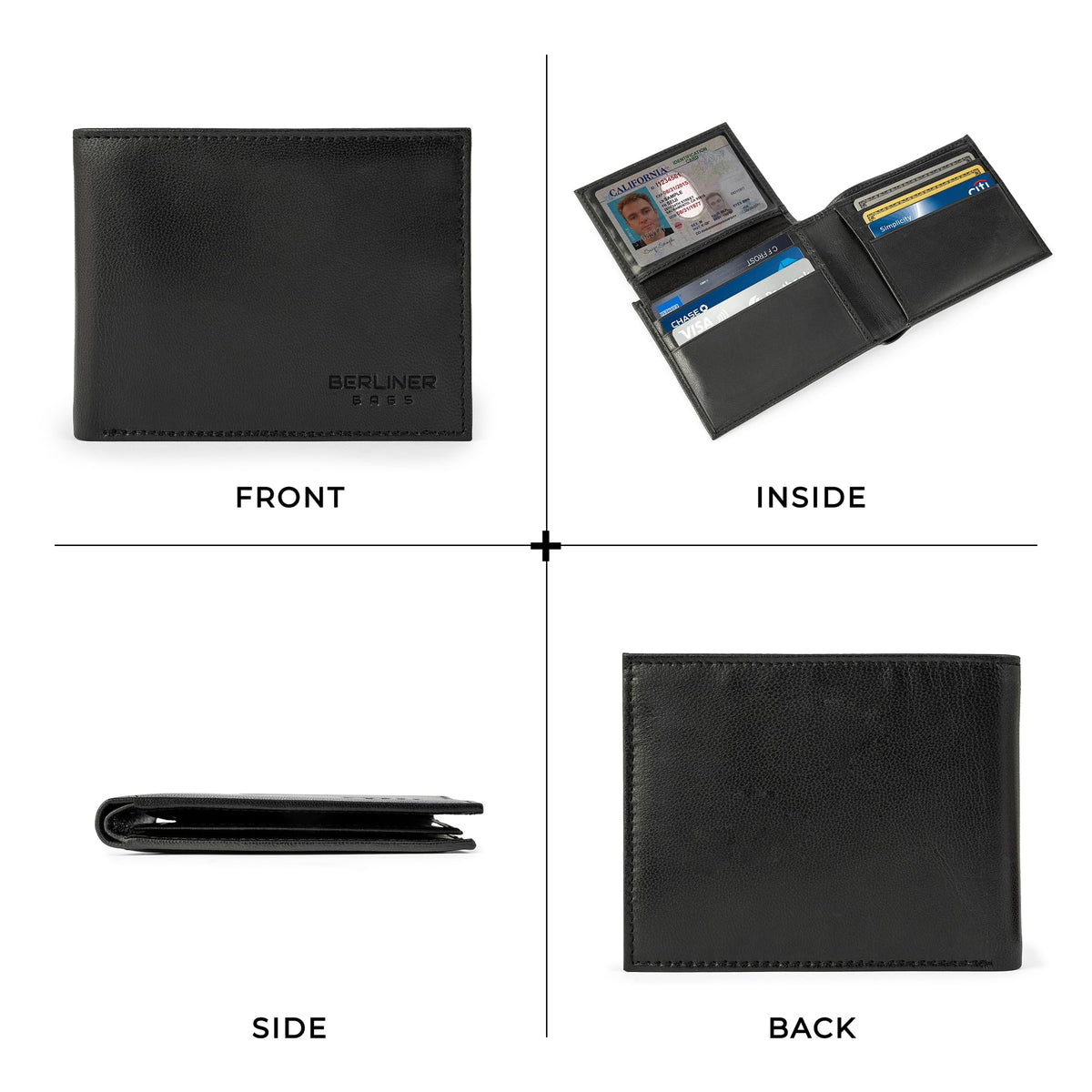 BERLINER BAGS Premium Genuine Leather Wallet for Men Peter, with ID Window, RFID Blocking, Bifold, Front Pocket Slim Wallet, 8 Card Holder, Bills Compartment, 2 ID Windows, Gift Box- Black