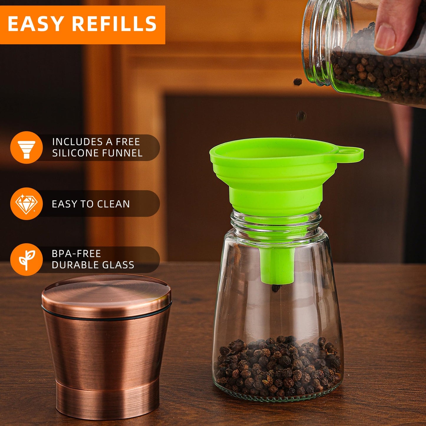 DAVIMADE Short Copper Salt and Pepper Grinder Set of 2，Refillable Adjustable Coarseness Stainless Steel Glass Bottle, Pepper Mills W/Funnel for Kitchen