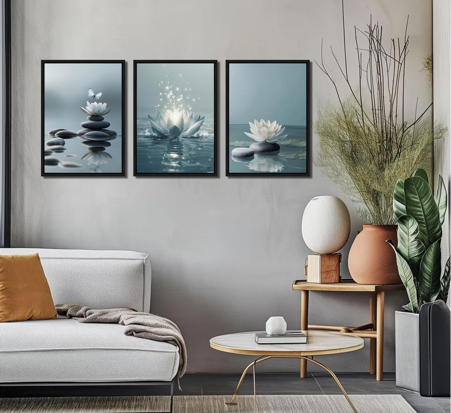3Pcs Framed Zen Stones Lotus Spa Canvas Wall Art White Lotus Blooming on Stones Painting Picture Wall Decor Modern Spiritual Poster Print Artwork for Yoga Spa Meditation Spiritual Room Home Decoration