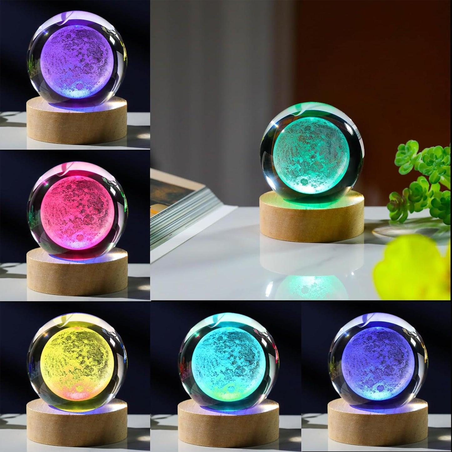 AOFEGRLT 3D Moon Crystal Ball with LED Stand, Remote Control, 16 Colors Change, Moon Figurine Glass Sphere Lamp Night Light Gifts for Women Kids(80mm)