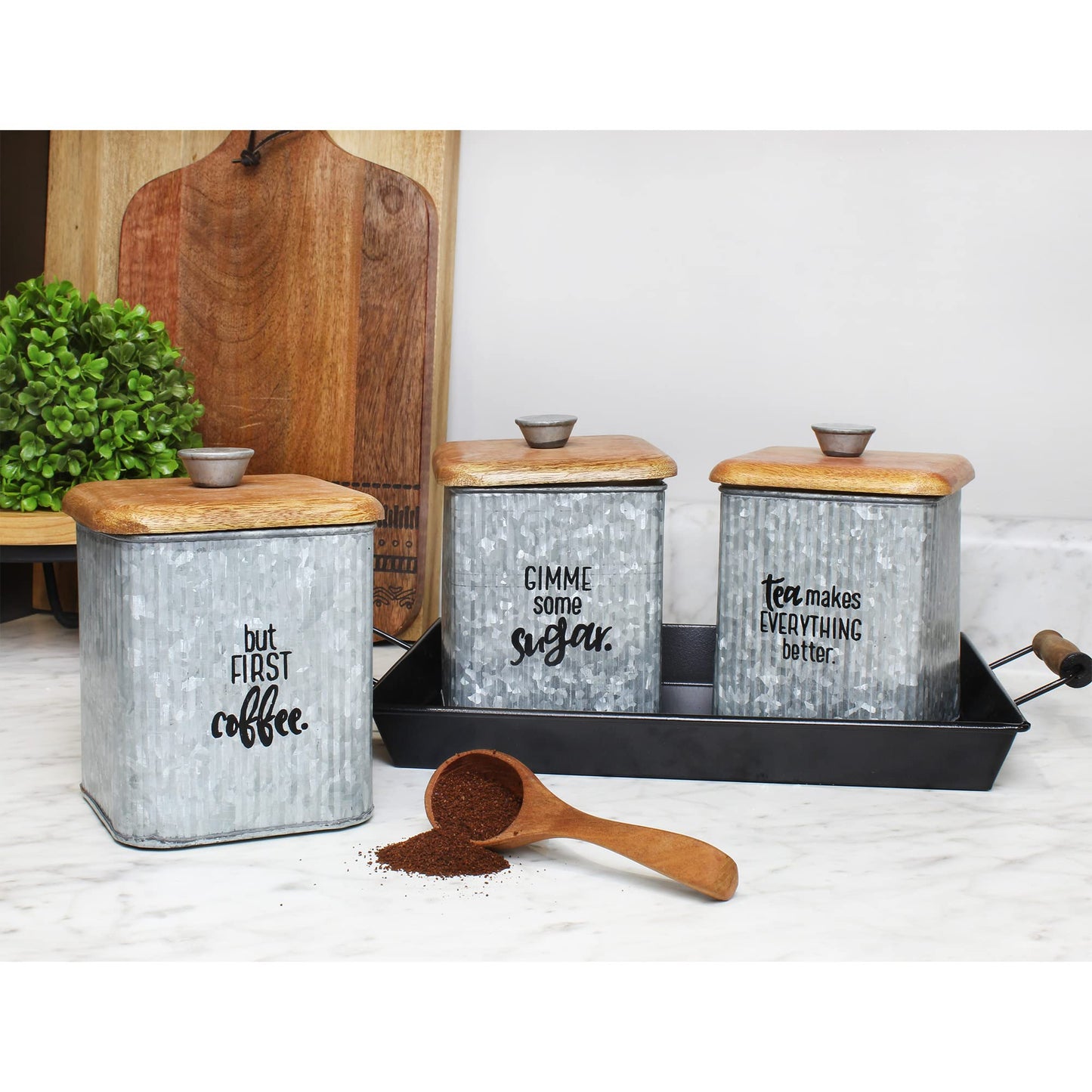 AuldHome Design Farmhouse Galvanized Canisters (Set of 3); Storage Containers for Coffee, Tea and Sugar in Galvanized Iron and Wood Design