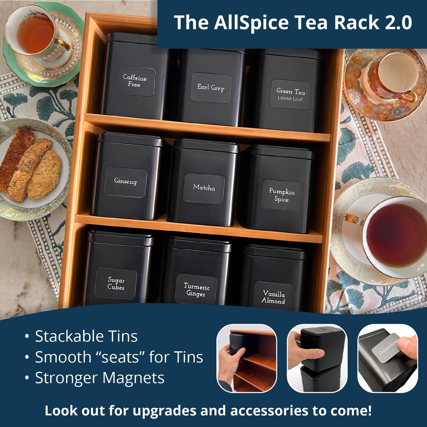 AllSpice Tea Organizer Rack with 9 Tins & 160 Magnetic Labels – Perfect for Bagged & Loose Leaf Tea Organization - Black