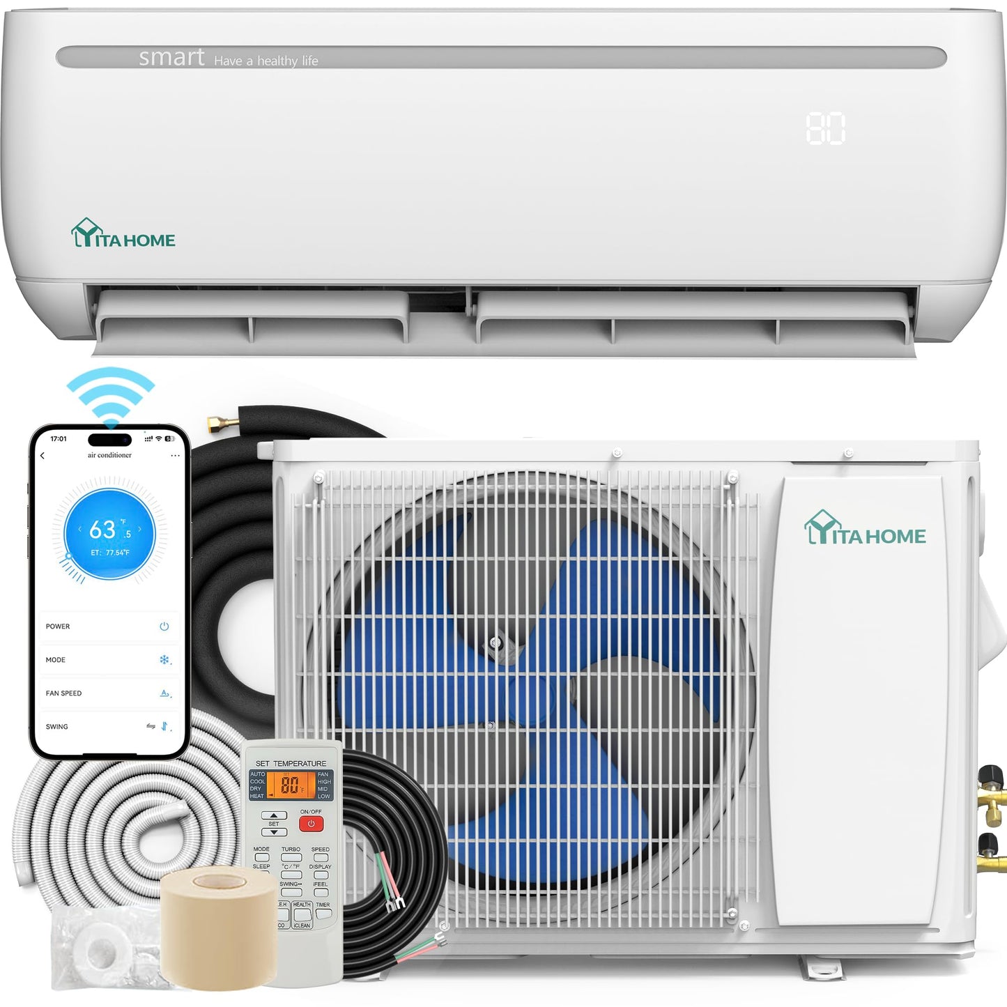 YITAHOME 12000 BTU Mini Split AC Heating System, 20 SEER2 115V Ductless Air Conditioner with Wi-Fi & Alexa Compatibility, Covers Up to 750 Sq. Ft, Energy Efficient Inverter AC with Heat Pump