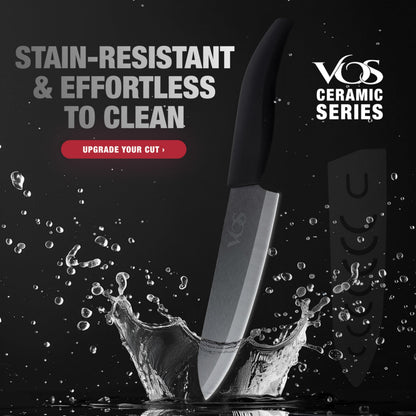Vos ceramic knives set for kitchen in gift box, set of 2 ceramic knife with cover, 5.5" santoku & 4.5" utility for home cooks, Ultra Sharp, lightweight, rust-free, dishwasher safe (Black handle)