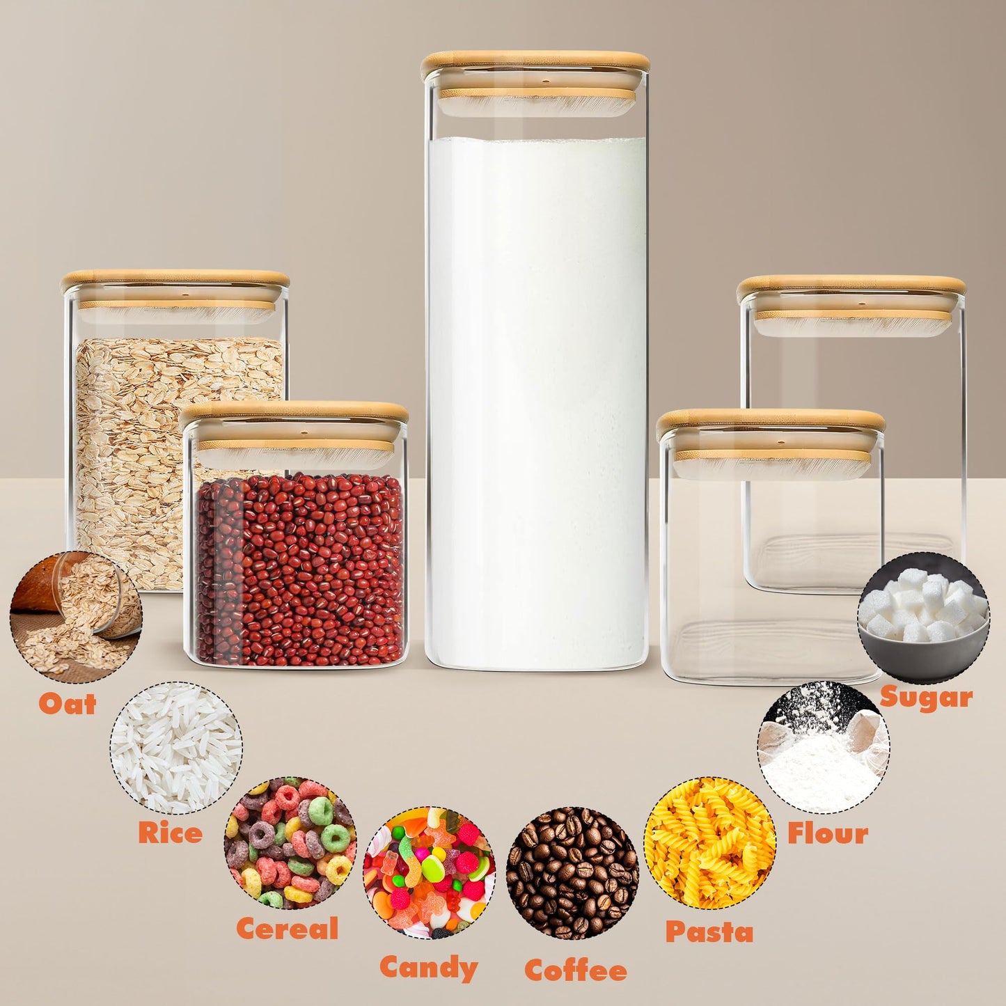 Glass Storage Containers with Airtight Bamboo Lids Muti Size Set of 5,Pantry Food Glass Jar with Lid,Perfect for Kitchen Organization-Nuts,Flour, Rice, Pasta, Sugar, Coffee Beans, Accessories Included
