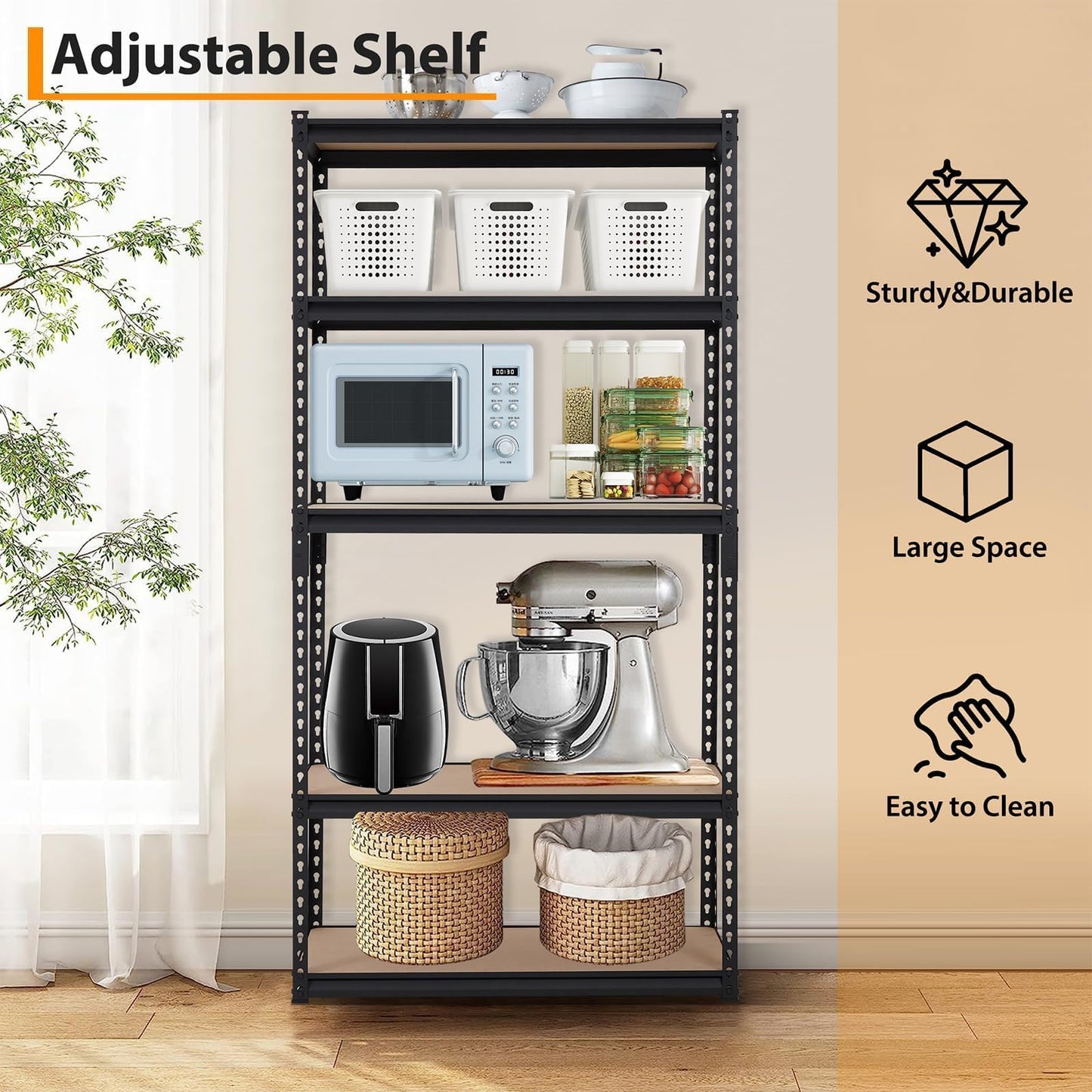 SierraSquad Heavy Duty Garage Storage Shelves, 5-Tier Metal Adjustable Shelving Unit with 2500 LBS Capacity, 35" L x 18" W x 72" H Storage Shelving for Kitchen Pantry Basement Bathroom Laundry