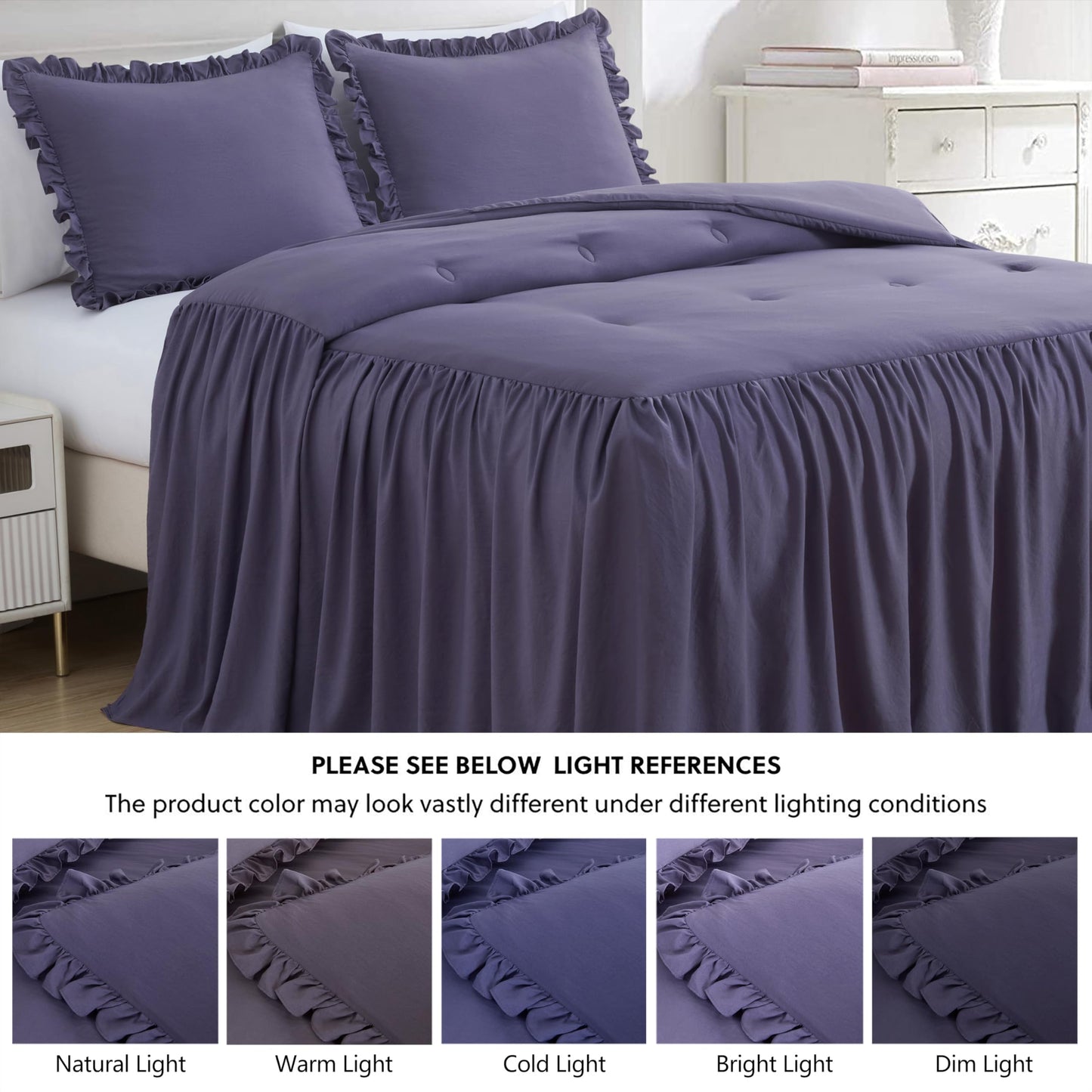 Chezmoi Collection Sinclair 3-Piece Ruffle Skirt Bedspread Set - Soft Lightweight Crinkle Texture Microfiber Bedding - French Country Chic Farmhouse - Queen, Dusty Purple