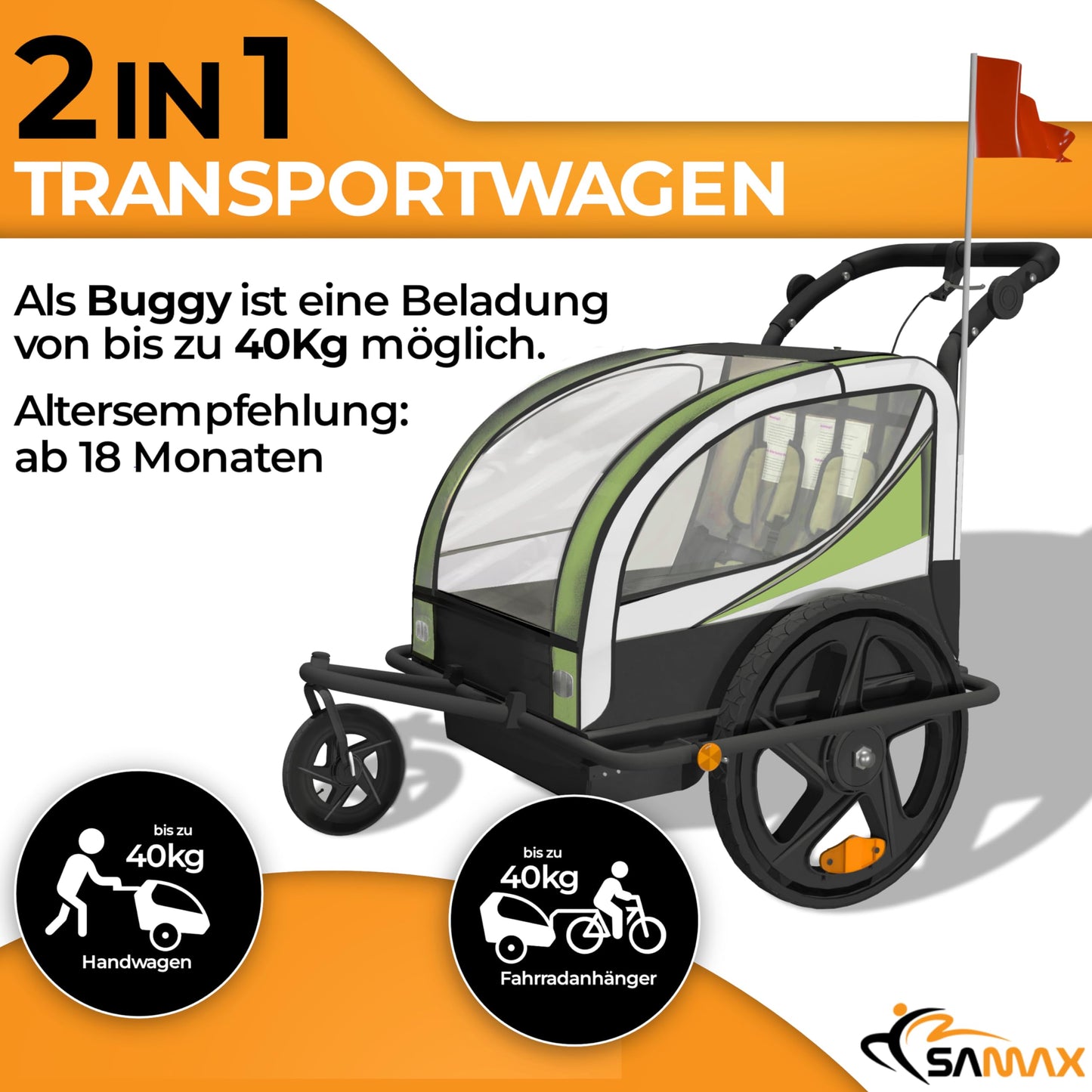 SAMAX Children Bike Trailer 2in1 Kids Jogger Stroller with Suspension 360° rotatable Childs Bicycle Trailer Transport Buggy Carrier for 2 Kids in Green - Black Frame