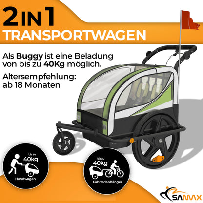 SAMAX Children Bike Trailer 2in1 Kids Jogger Stroller with Suspension 360° rotatable Childs Bicycle Trailer Transport Buggy Carrier for 2 Kids in Green - Black Frame